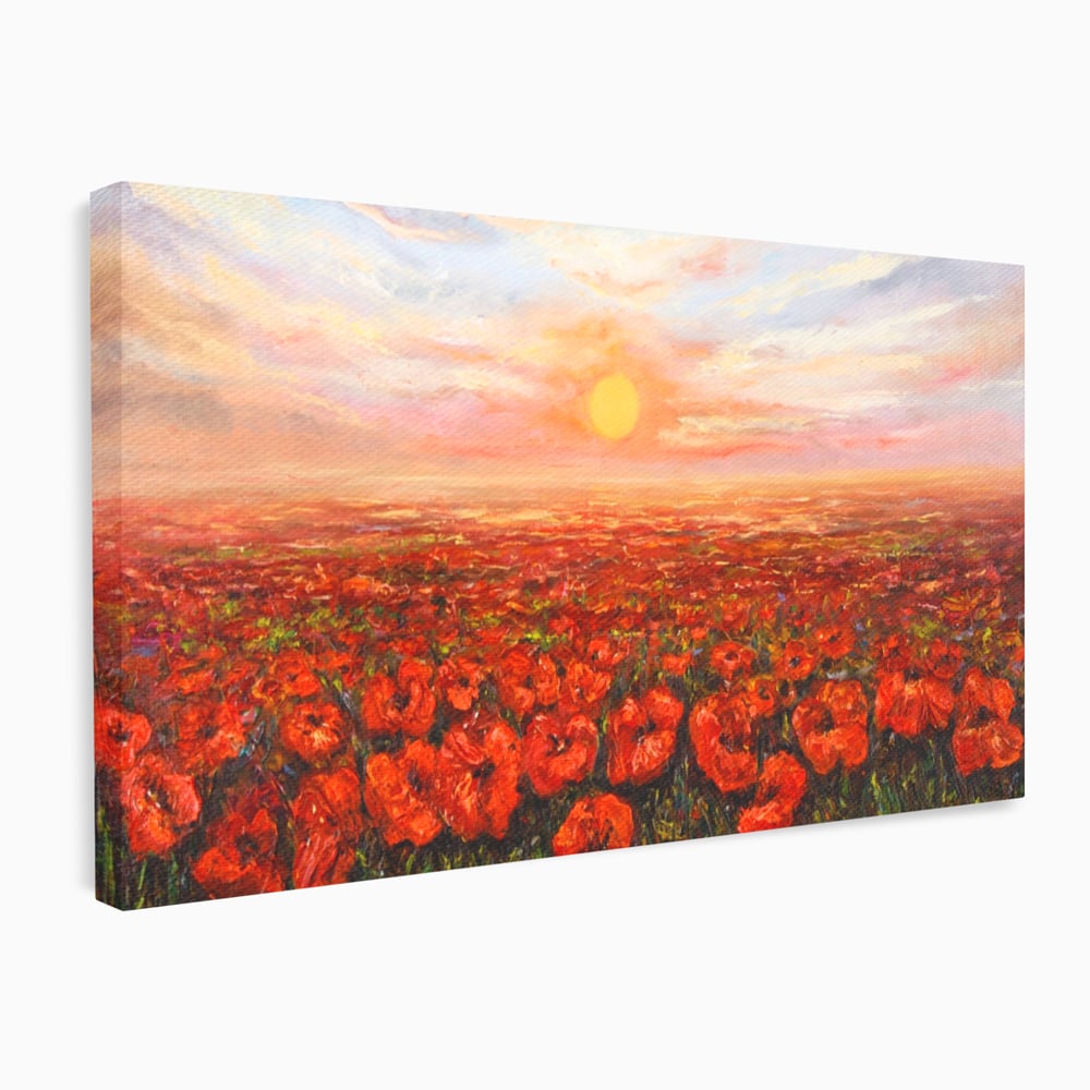 Tablou canvas cu pictura camp cu maci, fara rama, pe sasiu de lemn